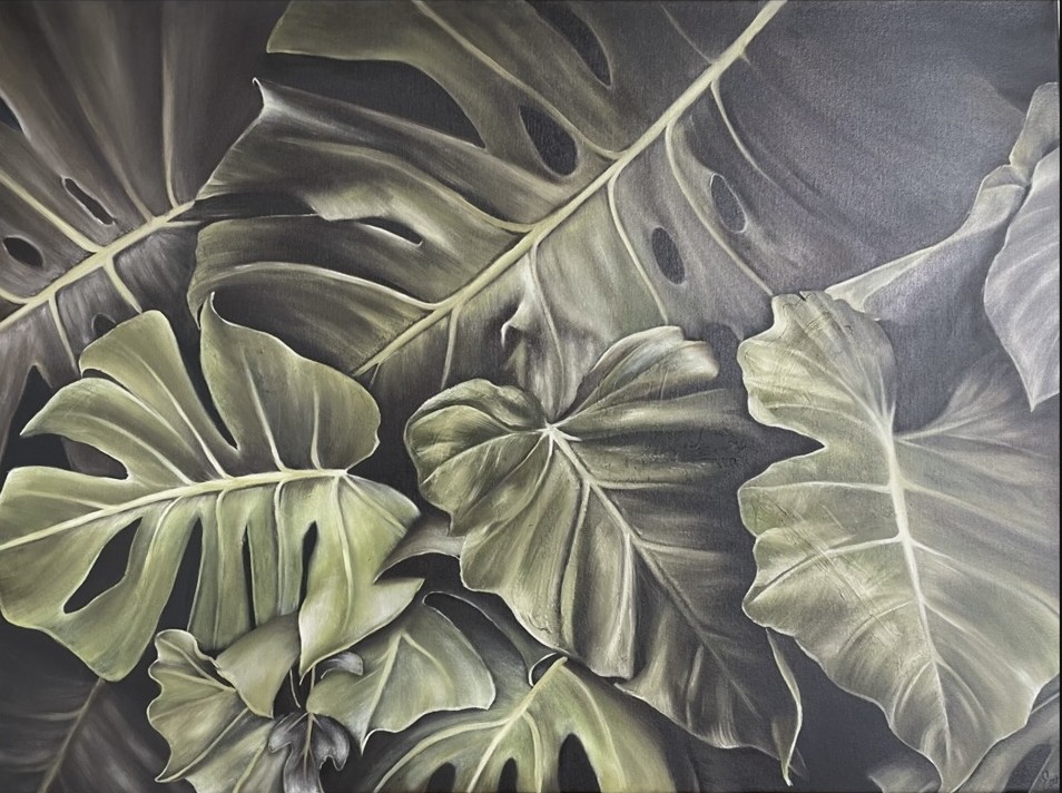 Quiet Canopy — original oil painting of monstera leaves, 60 x 80 cm